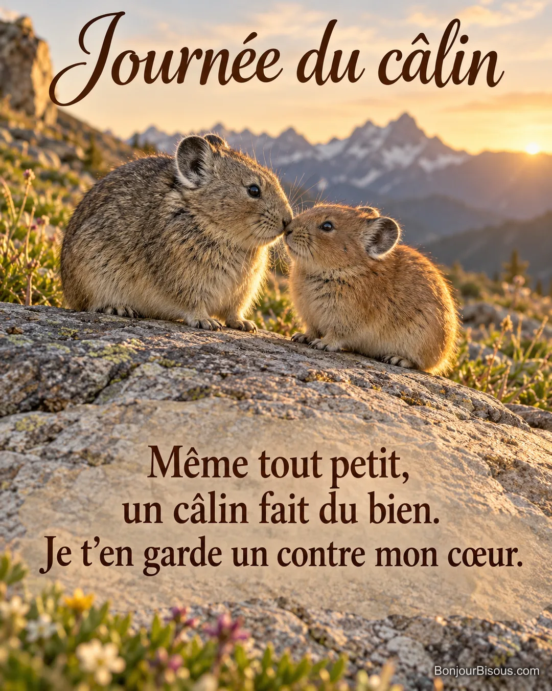 Deux pikas distincts se touchent tendrement du museau sur une pierre, avec le message « Journée du câlin Même tout petit, un câlin fait du bien. Je t’en garde un contre mon cœur. ». Deux pikas distincts se touchent tendrement du museau sur une pierre, avec le message « Journée du câlin Même tout petit, un câlin fait du bien. Je t’en garde un contre mon cœur. ».