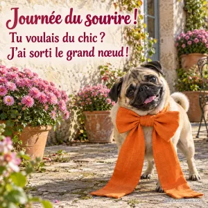 Un carlin au nœud papillon orange démesuré penche la tête dans un patio fleuri, avec le texte « Journée du sourire ! Tu voulais du chic ? J’ai sorti le grand nœud ! ».