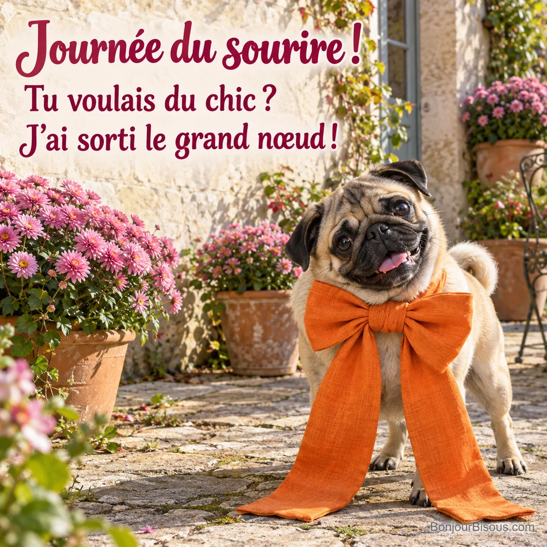Un carlin au nœud papillon orange démesuré penche la tête dans un patio fleuri, avec le texte « Journée du sourire ! Tu voulais du chic ? J’ai sorti le grand nœud ! ». Un carlin au nœud papillon orange démesuré penche la tête dans un patio fleuri, avec le texte « Journée du sourire ! Tu voulais du chic ? J’ai sorti le grand nœud ! ».