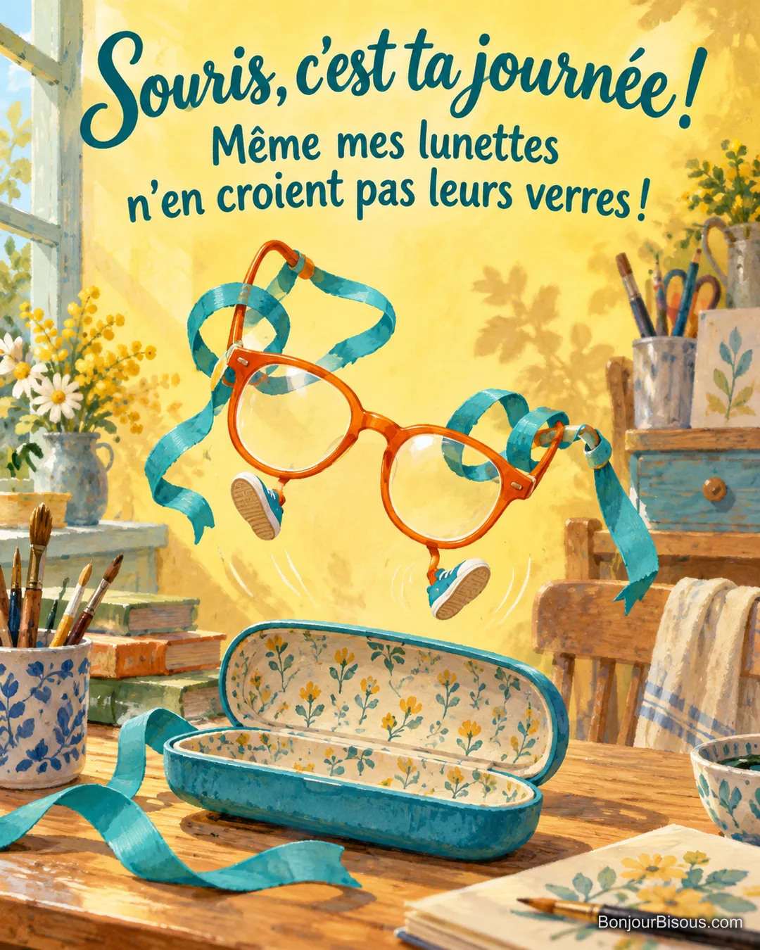 Des lunettes orange animées se prennent les branches dans un ruban turquoise, avec le texte « Souris, c’est ta journée ! Même mes lunettes n’en croient pas leurs verres ! ». Des lunettes orange animées se prennent les branches dans un ruban turquoise, avec le texte « Souris, c’est ta journée ! Même mes lunettes n’en croient pas leurs verres ! ».