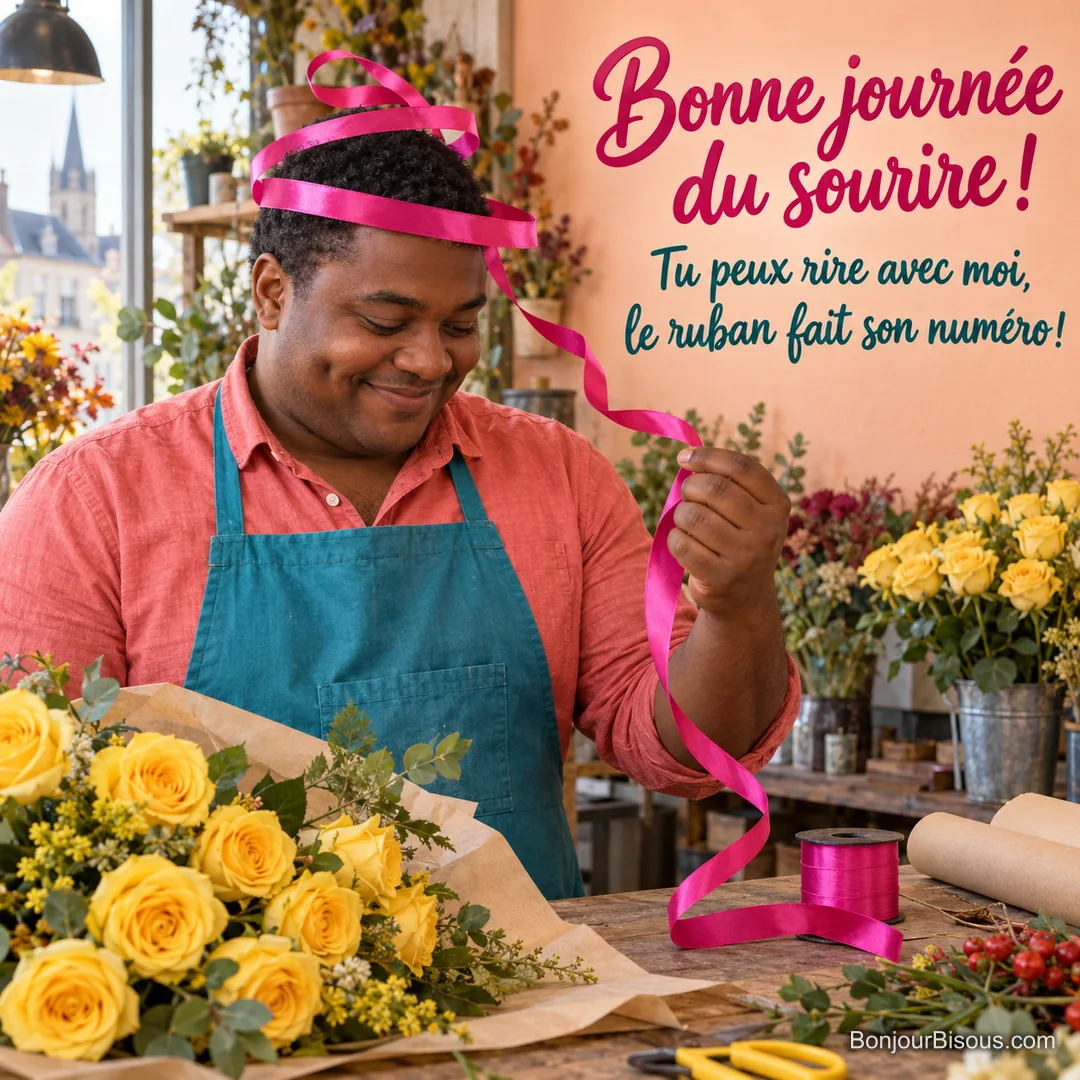Un fleuriste sourit lorsque son ruban forme un chapeau improvisé autour de sa tête, avec le texte « Bonne journée du sourire ! Tu peux rire avec moi, le ruban fait son numéro ! ». Un fleuriste sourit lorsque son ruban forme un chapeau improvisé autour de sa tête, avec le texte « Bonne journée du sourire ! Tu peux rire avec moi, le ruban fait son numéro ! ».