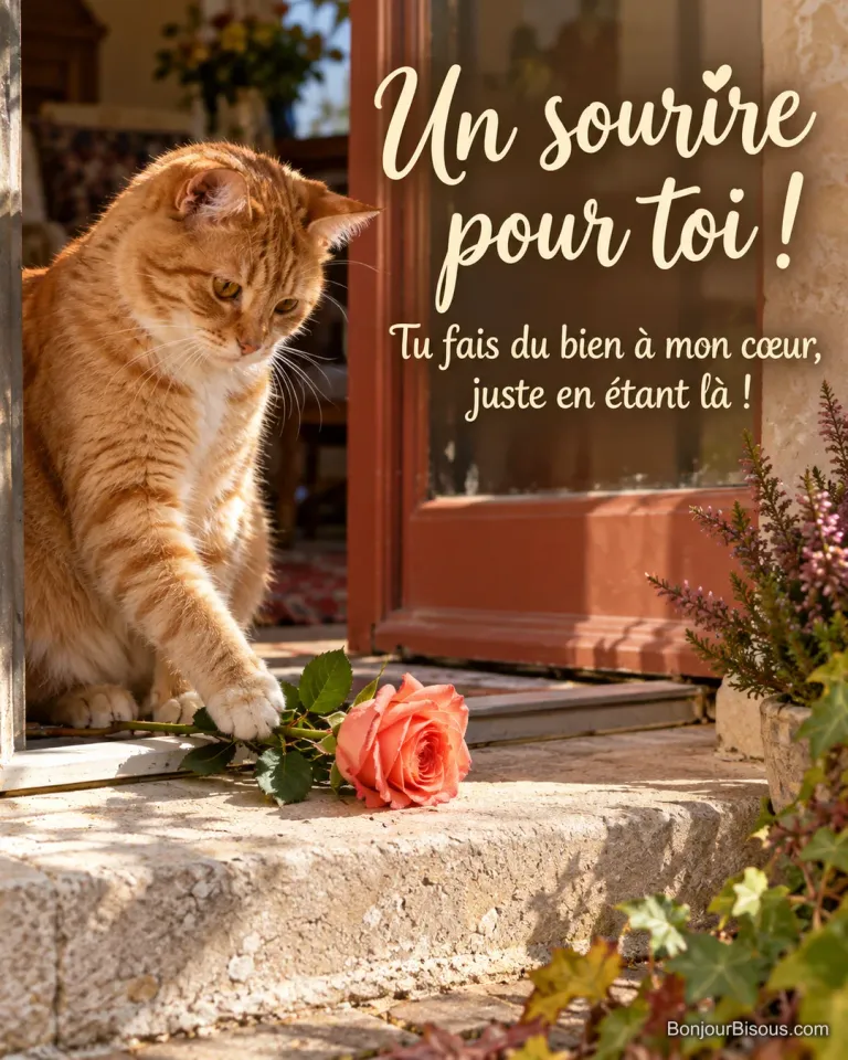 Un chat roux attend près d’une porte entrouverte à côté d’une rose corail, avec le texte « Un sourire pour toi ! Tu fais du bien à mon cœur, juste en étant là ! ».