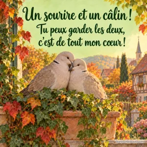 Deux tourterelles turques se blottissent dans une jardinière de lierre au bord d’une fenêtre, avec le texte « Un sourire et un câlin ! Tu peux garder les deux, c’est de tout mon cœur ! ».