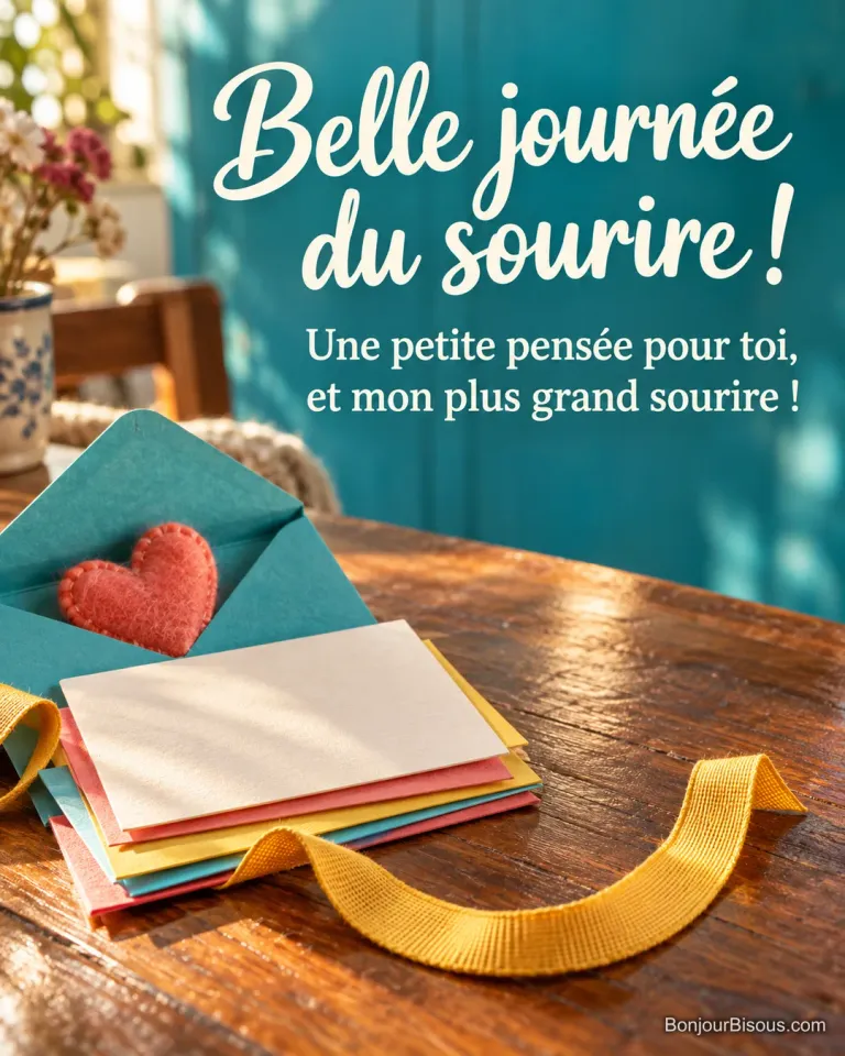 Une enveloppe turquoise ouverte révèle un petit cœur et un ruban courbé comme un sourire, avec le texte « Belle journée du sourire ! Une petite pensée pour toi, et mon plus grand sourire ! ».