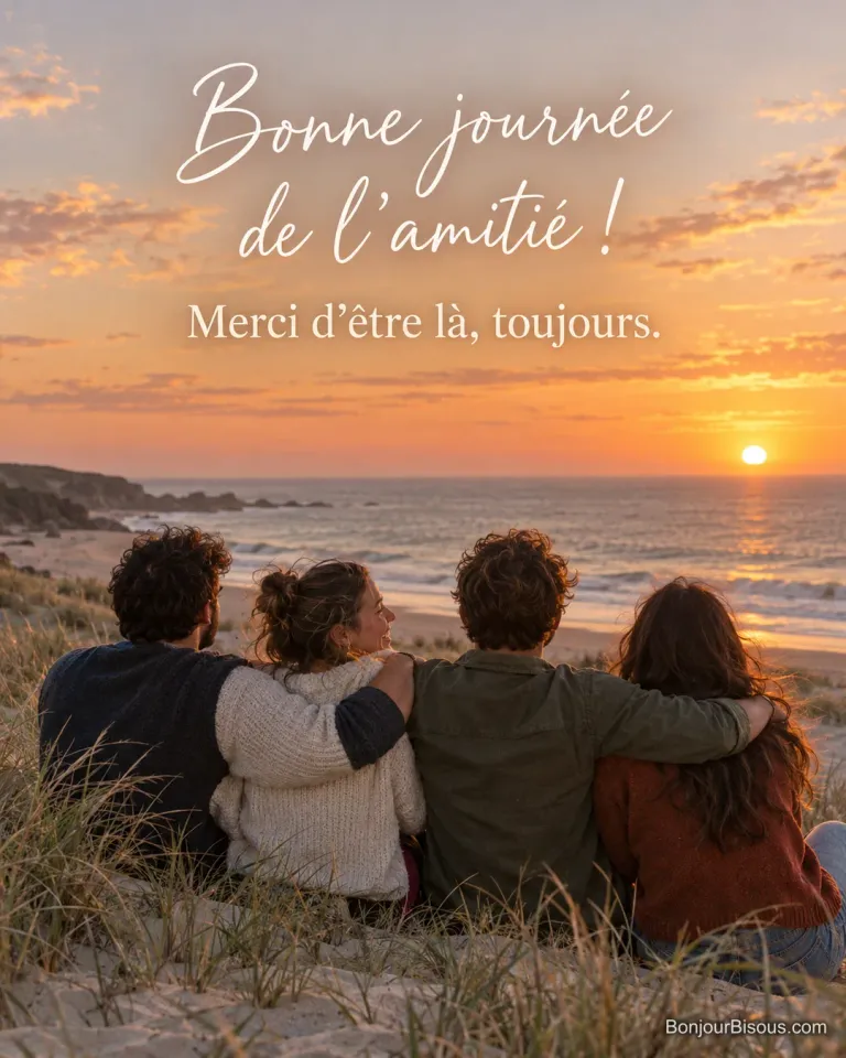 Photo de quatre amis vus de dos, assis sur une dune et se tenant par les épaules face au coucher de soleil sur l’océan, avec le texte « Bonne journée de l’amitié ! Merci d’être là, toujours. »