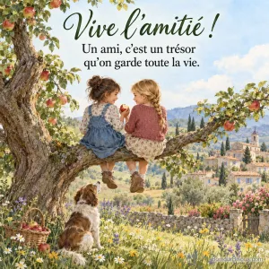 Peinture de deux fillettes assises sur une branche de pommier qui partagent une pomme en se souriant, un chien assis en dessous et un village provençal, avec le texte « Vive l’amitié ! Un ami, c’est un trésor qu’on garde toute la vie. »