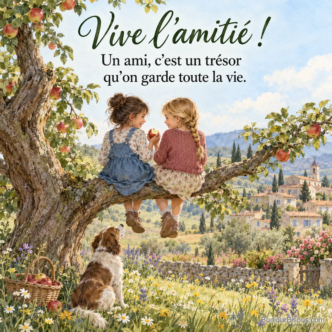 Peinture de deux fillettes assises sur une branche de pommier qui partagent une pomme en se souriant, un chien assis en dessous et un village provençal, avec le texte « Vive l’amitié ! Un ami, c’est un trésor qu’on garde toute la vie. » Peinture de deux fillettes assises sur une branche de pommier qui partagent une pomme en se souriant, un chien assis en dessous et un village provençal, avec le texte « Vive l’amitié ! Un ami, c’est un trésor qu’on garde toute la vie. »