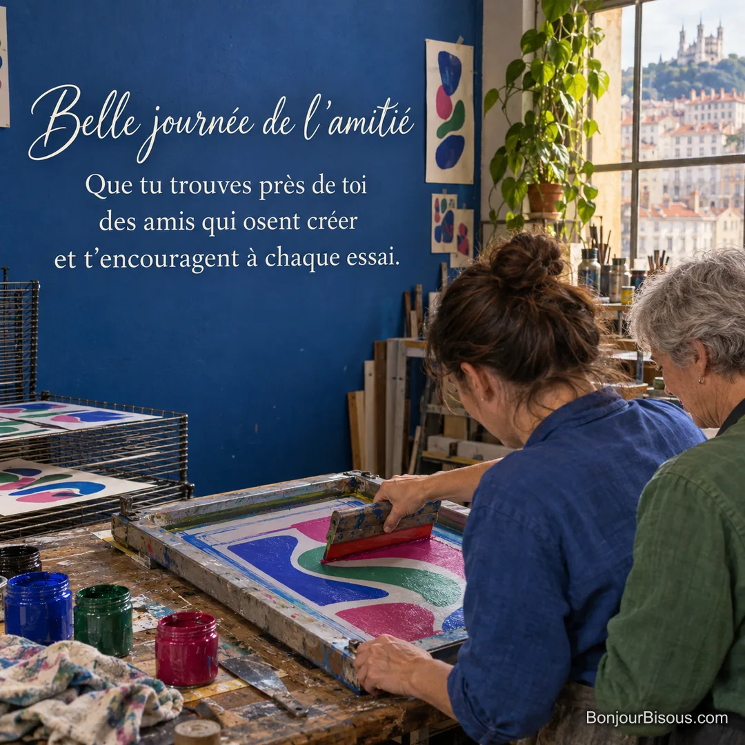 Deux amies impriment une sérigraphie abstraite colorée dans un atelier lyonnais, avec le texte « Belle journée de l’amitié Que tu trouves près de toi des amis qui osent créer et t’encouragent à chaque essai. ». Deux amies impriment une sérigraphie abstraite colorée dans un atelier lyonnais, avec le texte « Belle journée de l’amitié Que tu trouves près de toi des amis qui osent créer et t’encouragent à chaque essai. ».