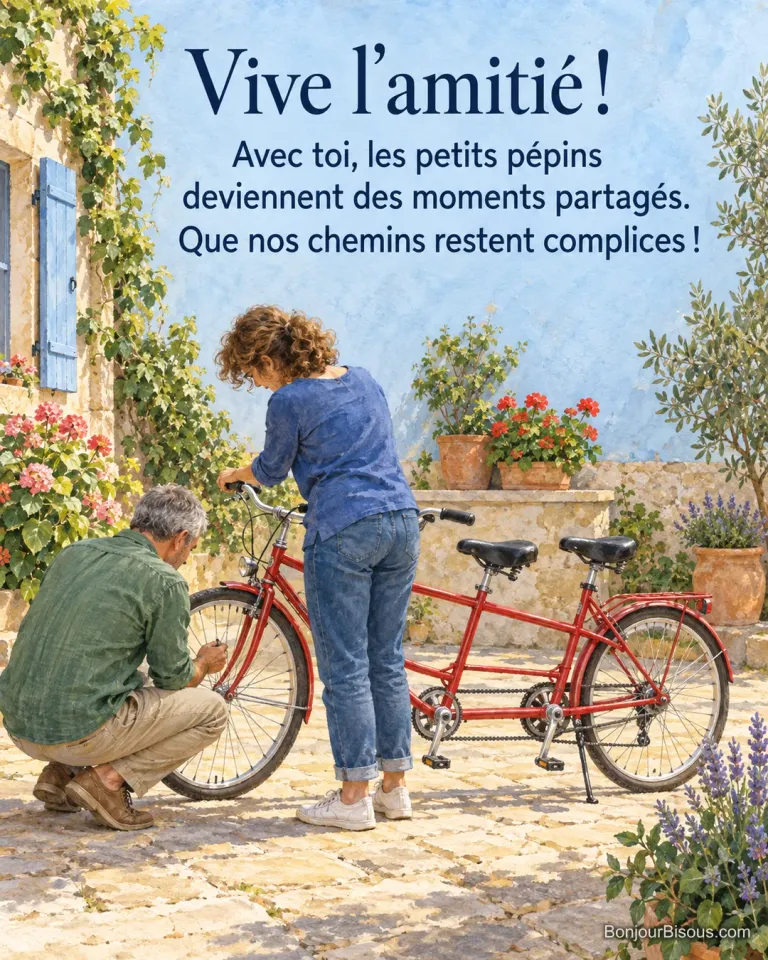Deux amis examinent la roue d’un tandem rouge dans une cour bourguignonne, avec le texte « Vive l’amitié ! Avec toi, les petits pépins deviennent des moments partagés. Que nos chemins restent complices ! ».