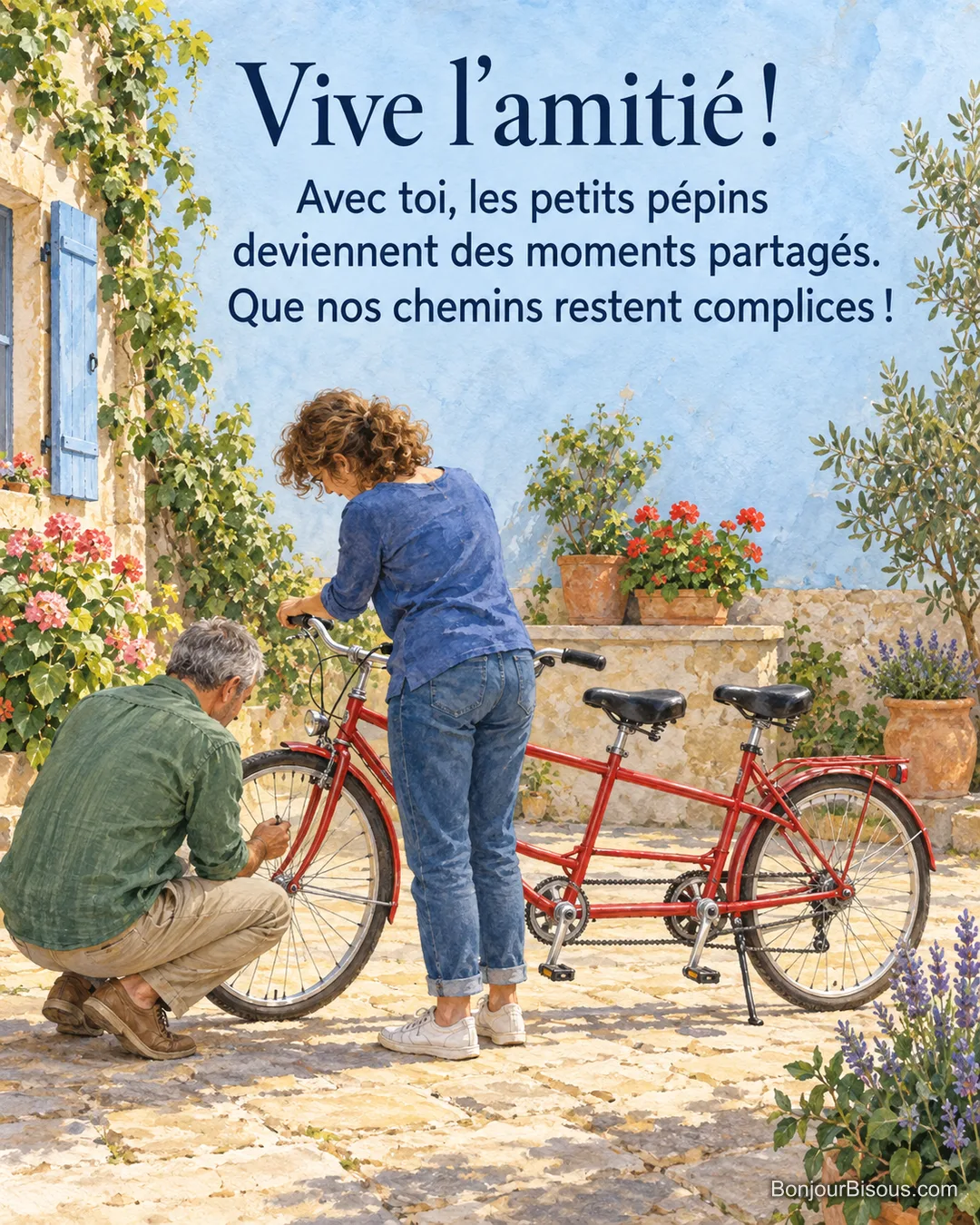 Deux amis examinent la roue d’un tandem rouge dans une cour bourguignonne, avec le texte « Vive l’amitié ! Avec toi, les petits pépins deviennent des moments partagés. Que nos chemins restent complices ! ». Deux amis examinent la roue d’un tandem rouge dans une cour bourguignonne, avec le texte « Vive l’amitié ! Avec toi, les petits pépins deviennent des moments partagés. Que nos chemins restent complices ! ».