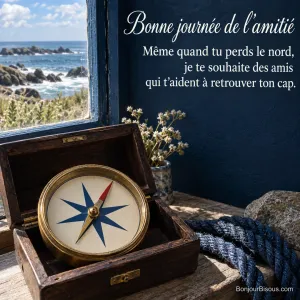 Un compas maritime ancien dans sa boîte de bois évoque les amis qui aident à garder le cap, avec le texte « Bonne journée de l’amitié Même quand tu perds le nord, je te souhaite des amis qui t’aident à retrouver ton cap. ».