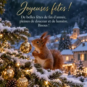Photo d’un écureuil roux sur une branche de sapin enneigée décorée de boules dorées et de guirlandes, village illuminé en arrière-plan, avec le texte « Joyeuses fêtes ! De belles fêtes de fin d’année, pleines de douceur et de lumière. Bisous ! »