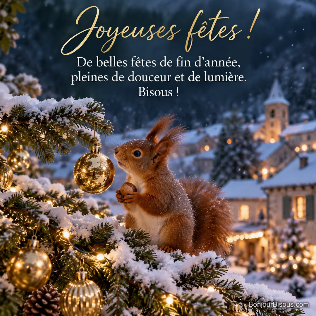 Photo d’un écureuil roux sur une branche de sapin enneigée décorée de boules dorées et de guirlandes, village illuminé en arrière-plan, avec le texte « Joyeuses fêtes ! De belles fêtes de fin d’année, pleines de douceur et de lumière. Bisous ! » Photo d’un écureuil roux sur une branche de sapin enneigée décorée de boules dorées et de guirlandes, village illuminé en arrière-plan, avec le texte « Joyeuses fêtes ! De belles fêtes de fin d’année, pleines de douceur et de lumière. Bisous ! »