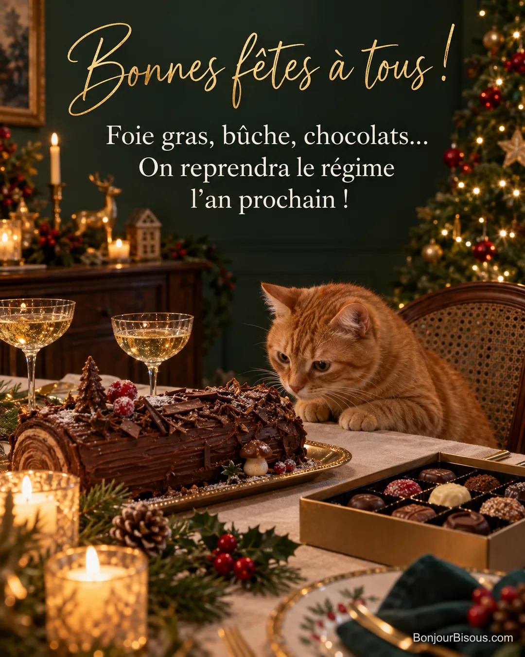 Photo d’un chat roux qui pose les pattes sur une table de fête et fixe une bûche de Noël, à côté de coupes et d’une boîte de chocolats, avec le texte « Bonnes fêtes à tous ! Foie gras, bûche, chocolats… On reprendra le régime l’an prochain ! » Photo d’un chat roux qui pose les pattes sur une table de fête et fixe une bûche de Noël, à côté de coupes et d’une boîte de chocolats, avec le texte « Bonnes fêtes à tous ! Foie gras, bûche, chocolats… On reprendra le régime l’an prochain ! »