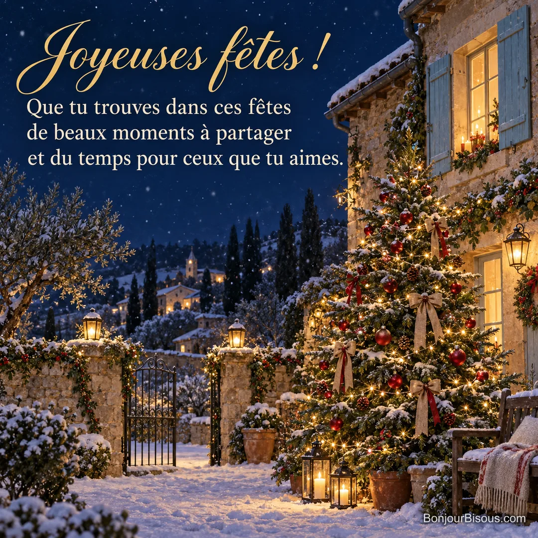 Des boules rouges et dorées décorent un petit arbre dans la cour lumineuse d’une maison aux volets bleus, avec le texte « Joyeuses fêtes ! Que tu trouves dans ces fêtes de beaux moments à partager et du temps pour ceux que tu aimes. ». Des boules rouges et dorées décorent un petit arbre dans la cour lumineuse d’une maison aux volets bleus, avec le texte « Joyeuses fêtes ! Que tu trouves dans ces fêtes de beaux moments à partager et du temps pour ceux que tu aimes. ».