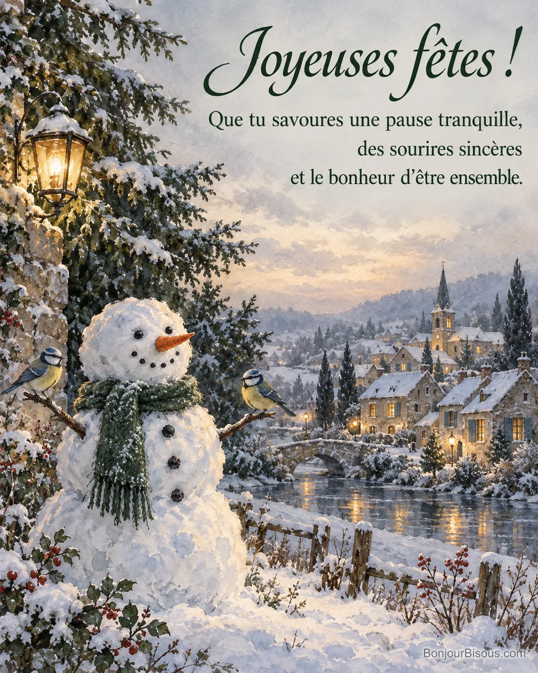 Un bonhomme de neige à l’écharpe verte accueille deux mésanges dans un jardin de village, avec le texte « Joyeuses fêtes ! Que tu savoures une pause tranquille, des sourires sincères et le bonheur d’être ensemble. ». Un bonhomme de neige à l’écharpe verte accueille deux mésanges dans un jardin de village, avec le texte « Joyeuses fêtes ! Que tu savoures une pause tranquille, des sourires sincères et le bonheur d’être ensemble. ».