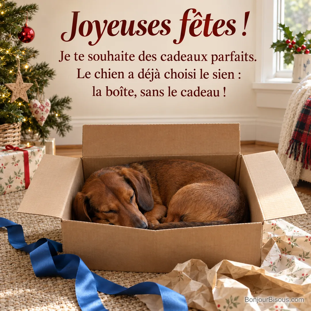 Un petit chien dort dans une boîte cadeau vide près d’une fenêtre décorée de houx, avec le texte « Joyeuses fêtes ! Je te souhaite des cadeaux parfaits. Le chien a déjà choisi le sien : la boîte, sans le cadeau ! ». Un petit chien dort dans une boîte cadeau vide près d’une fenêtre décorée de houx, avec le texte « Joyeuses fêtes ! Je te souhaite des cadeaux parfaits. Le chien a déjà choisi le sien : la boîte, sans le cadeau ! ».