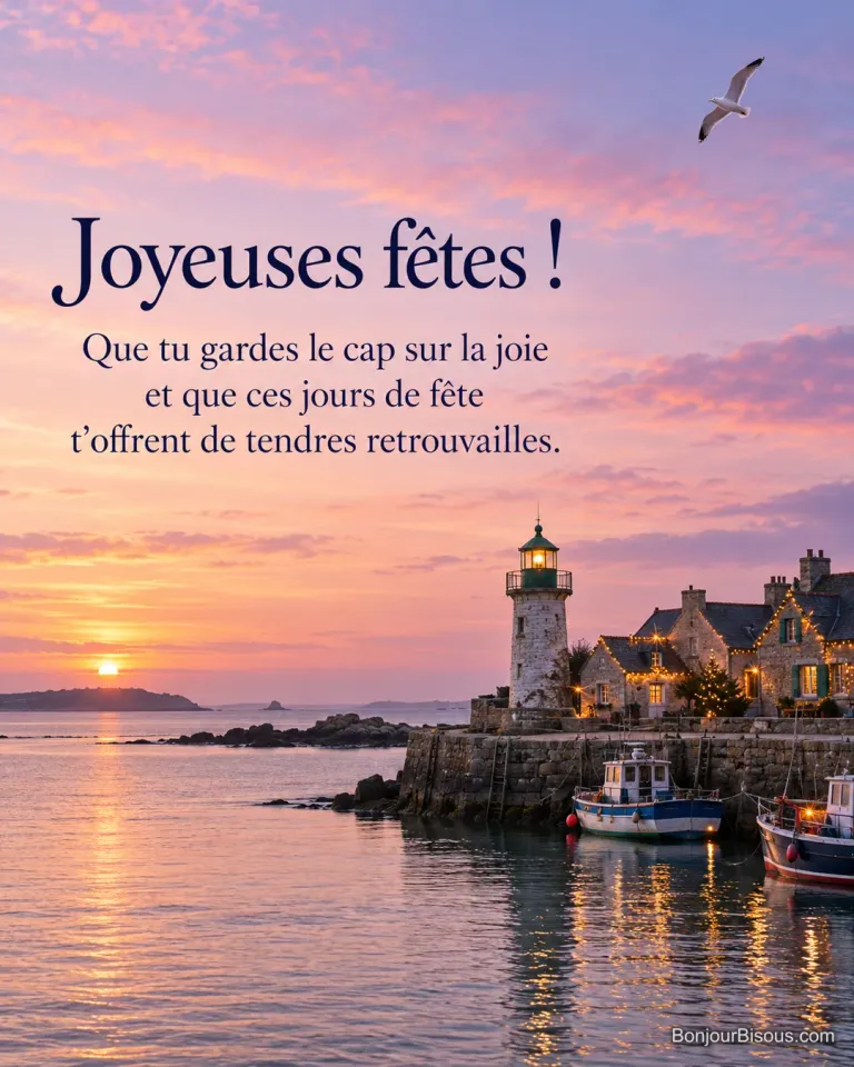 Un phare breton domine un petit port décoré de guirlandes au coucher du soleil, avec le texte « Joyeuses fêtes ! Que tu gardes le cap sur la joie et que ces jours de fête t’offrent de tendres retrouvailles. ».