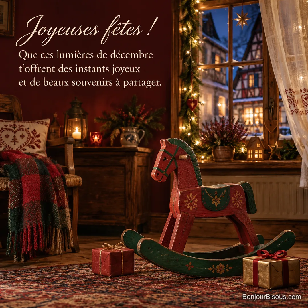 Un cheval à bascule en bois rouge et vert attend près des cadeaux et d’une fenêtre illuminée de guirlandes, avec le message « Joyeuses fêtes ! Que ces lumières de décembre t’offrent des instants joyeux et de beaux souvenirs à partager. ». Un cheval à bascule en bois rouge et vert attend près des cadeaux et d’une fenêtre illuminée de guirlandes, avec le message « Joyeuses fêtes ! Que ces lumières de décembre t’offrent des instants joyeux et de beaux souvenirs à partager. ».
