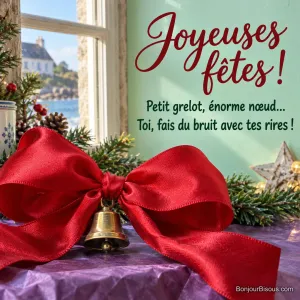 Une minuscule clochette de fête porte un nœud rouge démesuré, comme si elle voulait annoncer une très grande joie. Le message est : « Joyeuses fêtes ! Petit grelot, énorme nœud… Toi, fais du bruit avec tes rires ! ».