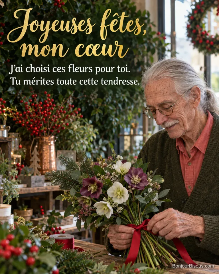 Un fleuriste du Jura noue avec soin un bouquet d’hellébores de décembre, délicate attention personnelle pour les fêtes. Le message est : « Joyeuses fêtes, mon cœur J’ai choisi ces fleurs pour toi. Tu mérites toute cette tendresse. ».