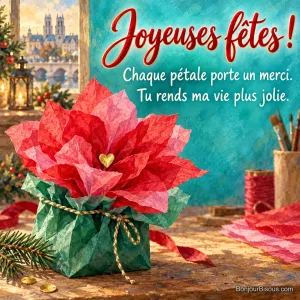 Une fleur de papier de soie rouge et rose s’ouvre comme un cadeau de gratitude, entourée de petites touches de fête. Le message est : « Joyeuses fêtes ! Chaque pétale porte un merci. Tu rends ma vie plus jolie. ».