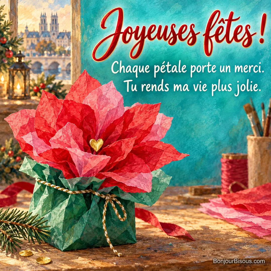 Une fleur de papier de soie rouge et rose s’ouvre comme un cadeau de gratitude, entourée de petites touches de fête. Le message est : « Joyeuses fêtes ! Chaque pétale porte un merci. Tu rends ma vie plus jolie. ». Une fleur de papier de soie rouge et rose s’ouvre comme un cadeau de gratitude, entourée de petites touches de fête. Le message est : « Joyeuses fêtes ! Chaque pétale porte un merci. Tu rends ma vie plus jolie. ».