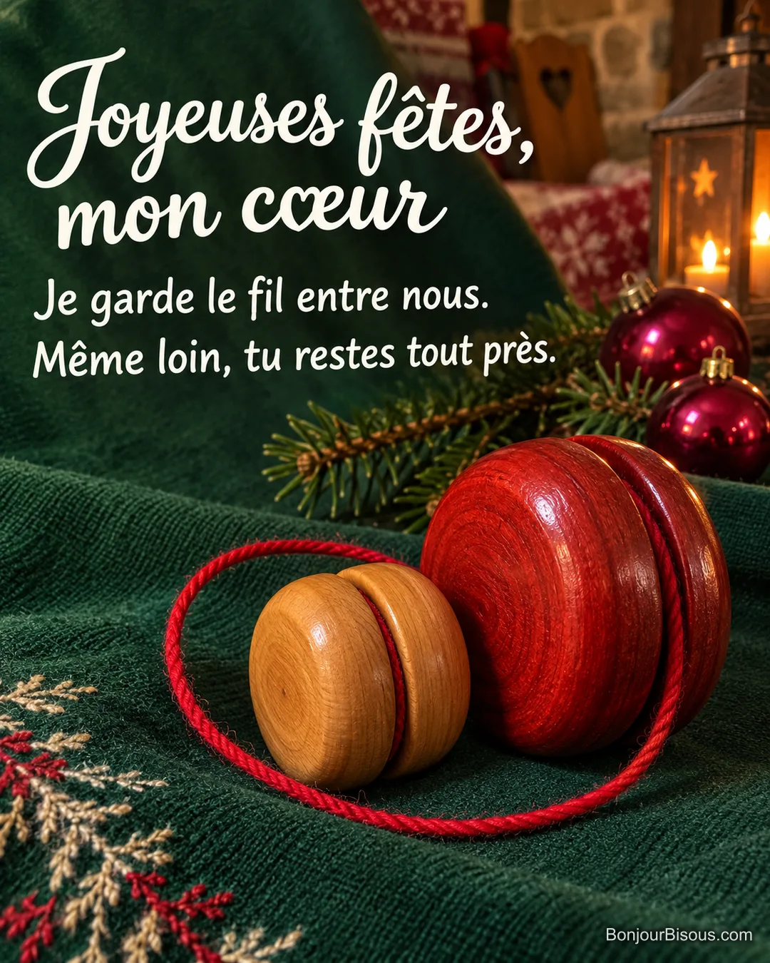 Deux yoyos artisanaux en bois se touchent, reliés par une boucle de cordon rouge comme une tendre étreinte pendant les fêtes. Le message est : « Joyeuses fêtes, mon cœur Je garde le fil entre nous. Même loin, tu restes tout près. ». Deux yoyos artisanaux en bois se touchent, reliés par une boucle de cordon rouge comme une tendre étreinte pendant les fêtes. Le message est : « Joyeuses fêtes, mon cœur Je garde le fil entre nous. Même loin, tu restes tout près. ».