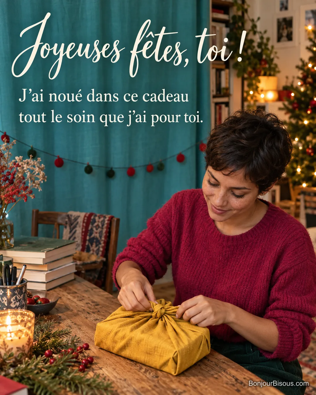 Une jeune femme noue un cadeau dans un tissu safran. Le message est : « Joyeuses fêtes, toi ! J’ai noué dans ce cadeau tout le soin que j’ai pour toi. ». Une jeune femme noue un cadeau dans un tissu safran. Le message est : « Joyeuses fêtes, toi ! J’ai noué dans ce cadeau tout le soin que j’ai pour toi. ».