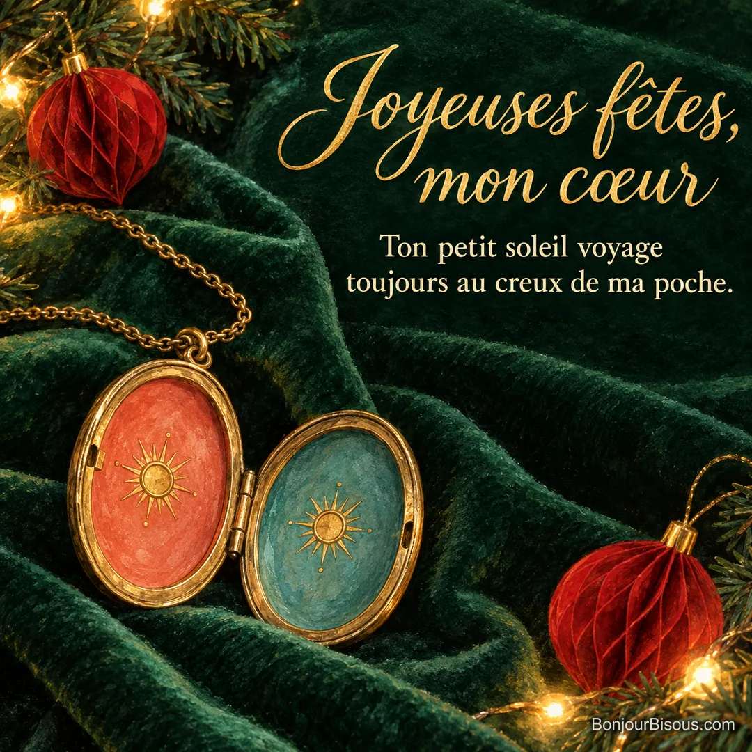 Un médaillon ovale ouvert porte deux soleils sur ses moitiés corail et turquoise. Le message est : « Joyeuses fêtes, mon cœur Ton petit soleil voyage toujours au creux de ma poche. ». Un médaillon ovale ouvert porte deux soleils sur ses moitiés corail et turquoise. Le message est : « Joyeuses fêtes, mon cœur Ton petit soleil voyage toujours au creux de ma poche. ».