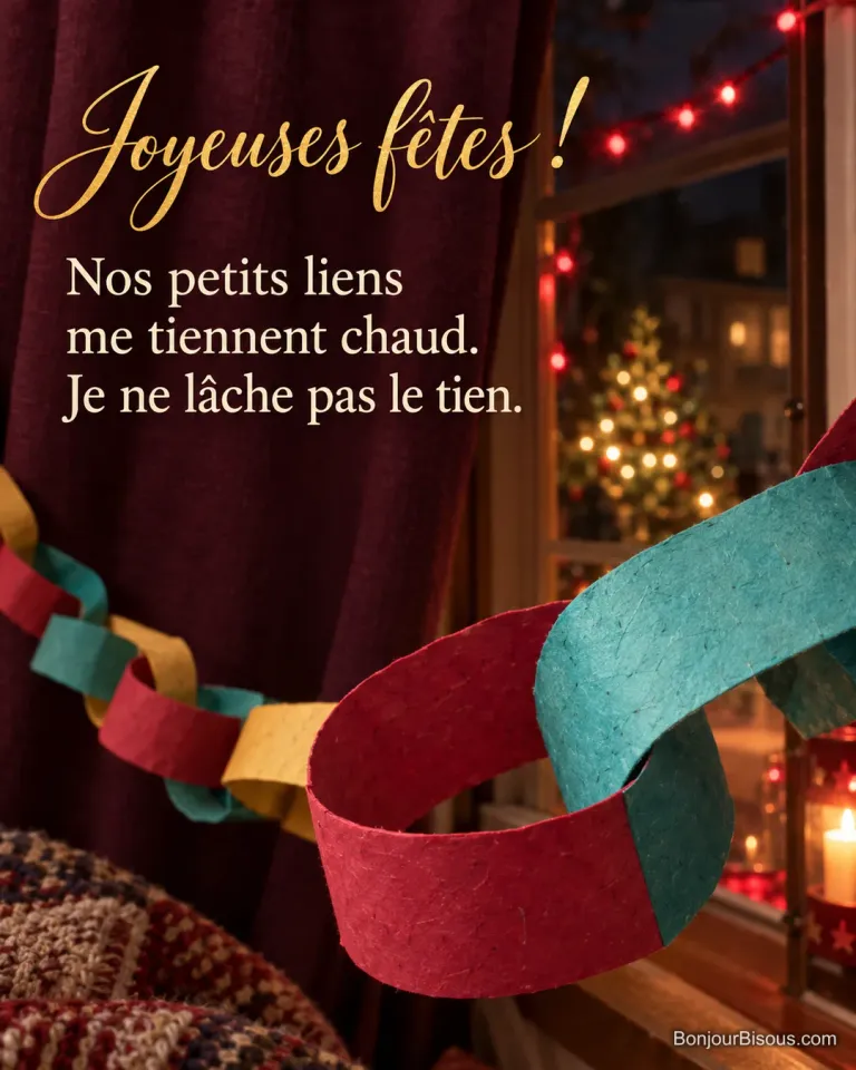Deux grands maillons enlacés prolongent une guirlande de papier festive. Le message est : « Joyeuses fêtes ! Nos petits liens me tiennent chaud. Je ne lâche pas le tien. ».
