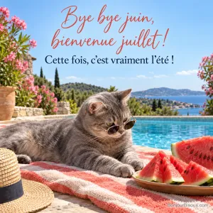 Photo d’un chat gris avec des lunettes de soleil allongé sur une serviette rayée au bord d’une piscine, une assiette de pastèque devant lui, lauriers-roses et mer au fond, avec le texte « Bye bye juin, bienvenue juillet ! Cette fois, c’est vraiment l’été ! »