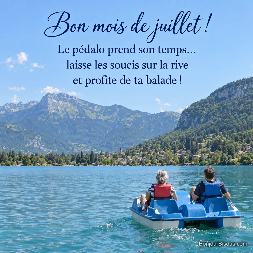Deux vacanciers vus de dos avancent doucement en pédalo sur le lac d’Annecy, avec le texte « Bon mois de juillet ! Le pédalo prend son temps… laisse les soucis sur la rive et profite de ta balade ! ». Deux vacanciers vus de dos avancent doucement en pédalo sur le lac d’Annecy, avec le texte « Bon mois de juillet ! Le pédalo prend son temps… laisse les soucis sur la rive et profite de ta balade ! ».