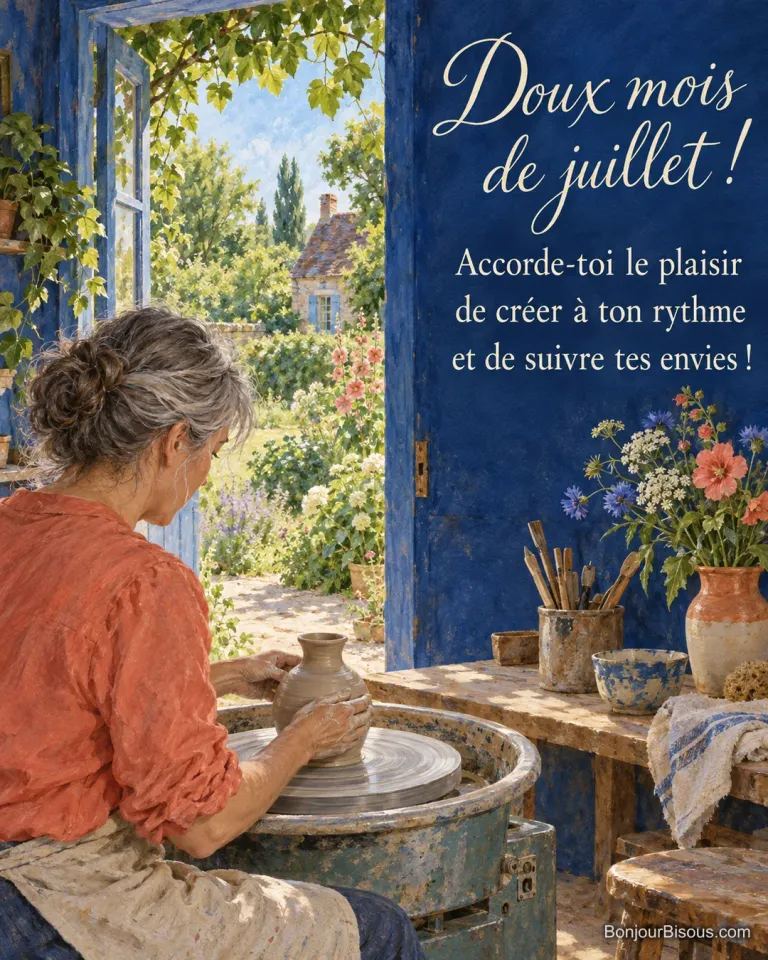 Une potière façonne un vase sur son tour dans un atelier ouvert sur un jardin, avec le texte « Doux mois de juillet ! Accorde-toi le plaisir de créer à ton rythme et de suivre tes envies ! ».