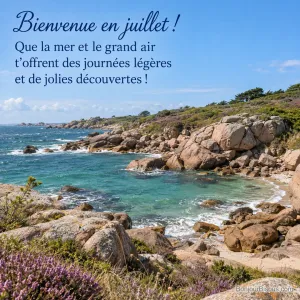 Les petites vagues entrent dans une crique de granit rose bordée de bruyère, avec le texte « Bienvenue en juillet ! Que la mer et le grand air t’offrent des journées légères et de jolies découvertes ! ».