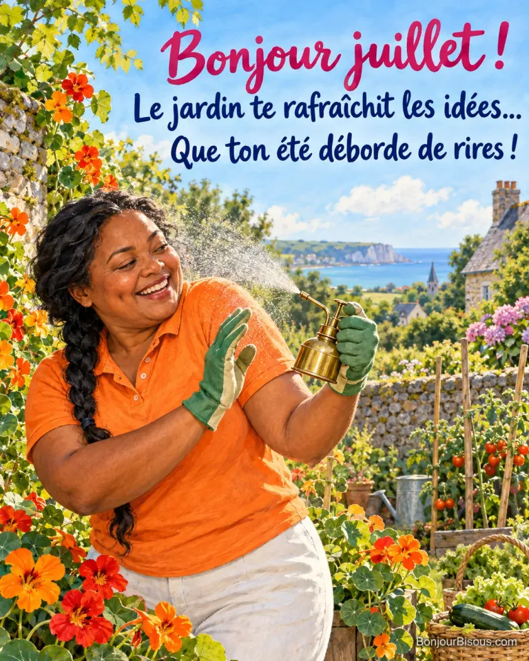Une jardinière sourit lorsque le vent renvoie la brume d’un vaporisateur vers sa joue, avec le texte « Bonjour juillet ! Le jardin te rafraîchit les idées… Que ton été déborde de rires ! ».