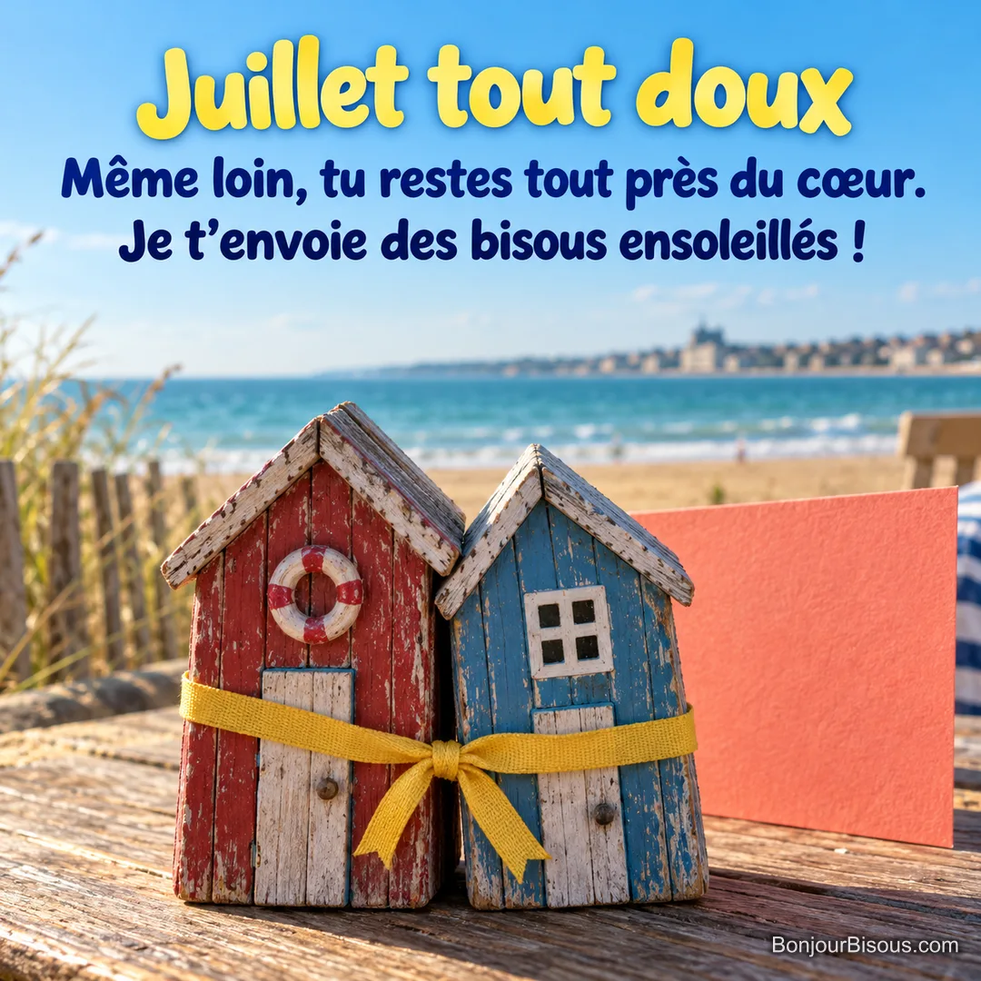 Deux petites cabines de plage en bois rouge et bleu se penchent l’une vers l’autre, réunies par un ruban jaune, avec le texte « Juillet tout doux Même loin, tu restes tout près du cœur. Je t’envoie des bisous ensoleillés ! ». Deux petites cabines de plage en bois rouge et bleu se penchent l’une vers l’autre, réunies par un ruban jaune, avec le texte « Juillet tout doux Même loin, tu restes tout près du cœur. Je t’envoie des bisous ensoleillés ! ».