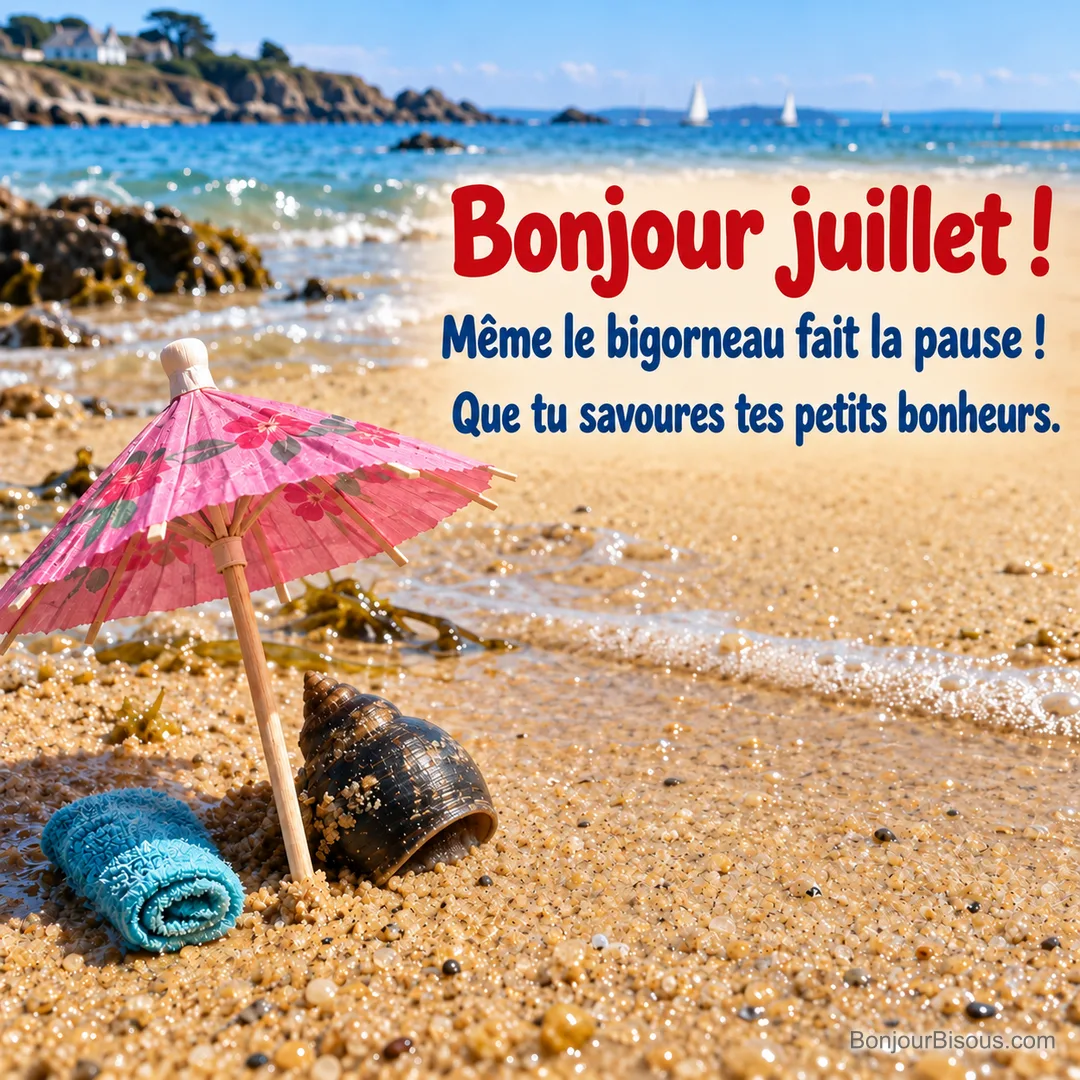 Un bigorneau s’abrite sous un minuscule parasol rose sur le sable breton, près d’une serviette miniature, avec le texte « Bonjour juillet ! Même le bigorneau fait la pause ! Que tu savoures tes petits bonheurs. ». Un bigorneau s’abrite sous un minuscule parasol rose sur le sable breton, près d’une serviette miniature, avec le texte « Bonjour juillet ! Même le bigorneau fait la pause ! Que tu savoures tes petits bonheurs. ».