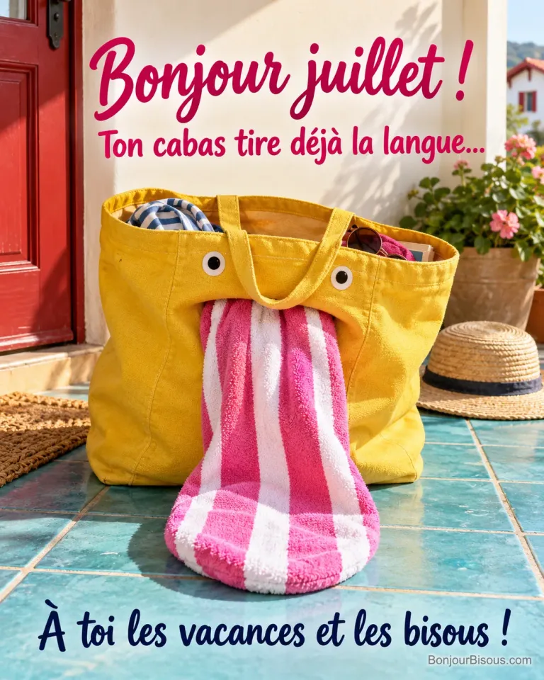 Un cabas de plage jaune laisse déborder une serviette rayée comme une immense langue, avec le texte « Bonjour juillet ! Ton cabas tire déjà la langue… À toi les vacances et les bisous ! ».