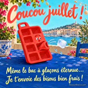 Un bac à glaçons souriant éternue un unique glaçon dans la chaleur de juillet, avec le texte « Coucou juillet ! Même le bac à glaçons éternue… Je t’envoie des bisous bien frais ! ».