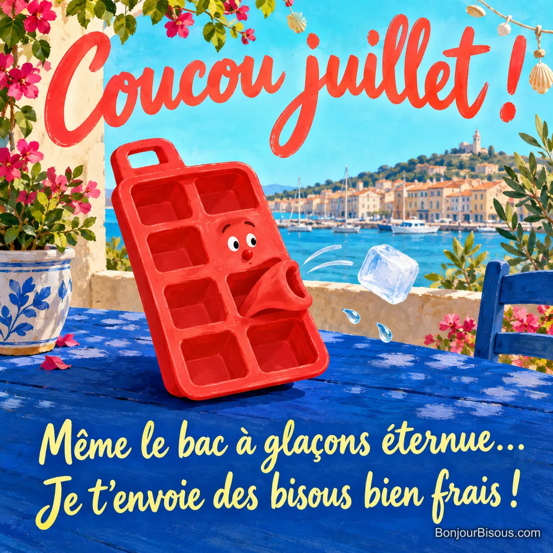 Un bac à glaçons souriant éternue un unique glaçon dans la chaleur de juillet, avec le texte « Coucou juillet ! Même le bac à glaçons éternue… Je t’envoie des bisous bien frais ! ». Un bac à glaçons souriant éternue un unique glaçon dans la chaleur de juillet, avec le texte « Coucou juillet ! Même le bac à glaçons éternue… Je t’envoie des bisous bien frais ! ».