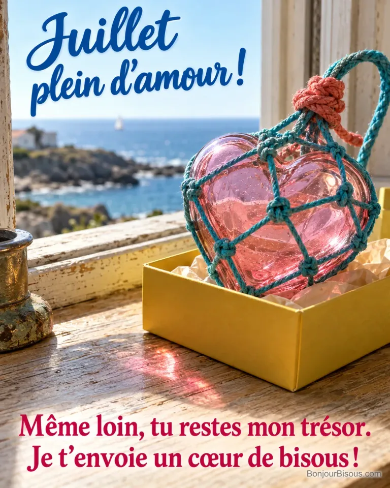 Un flotteur artisanal en verre rose en forme de cœur repose dans son filet turquoise, avec le texte « Juillet plein d’amour ! Même loin, tu restes mon trésor. Je t’envoie un cœur de bisous ! ».