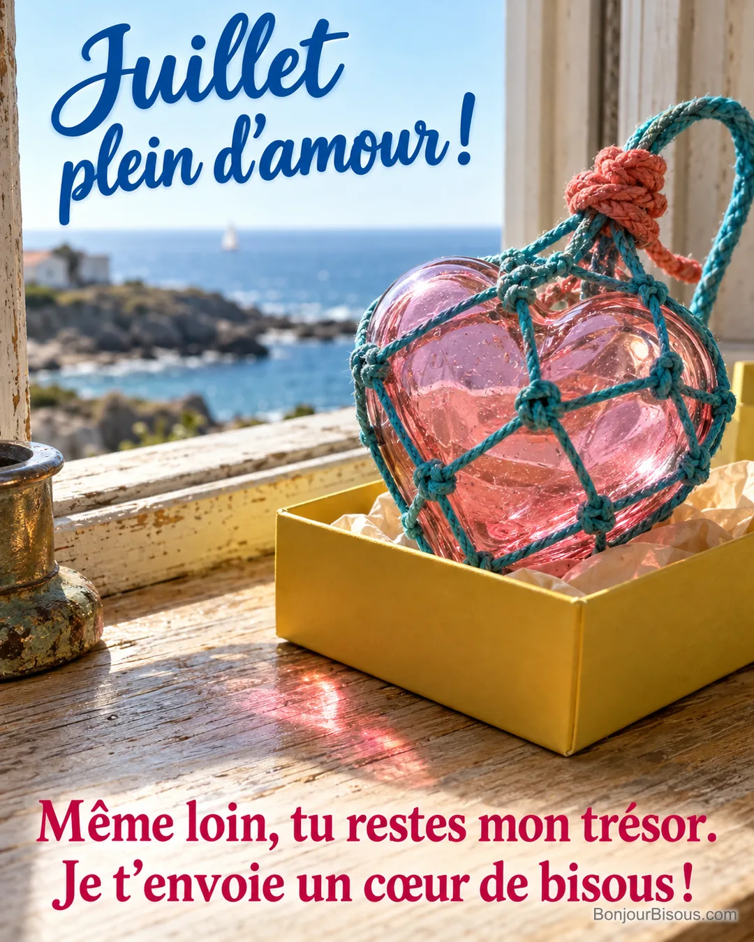 Un flotteur artisanal en verre rose en forme de cœur repose dans son filet turquoise, avec le texte « Juillet plein d’amour ! Même loin, tu restes mon trésor. Je t’envoie un cœur de bisous ! ». Un flotteur artisanal en verre rose en forme de cœur repose dans son filet turquoise, avec le texte « Juillet plein d’amour ! Même loin, tu restes mon trésor. Je t’envoie un cœur de bisous ! ».