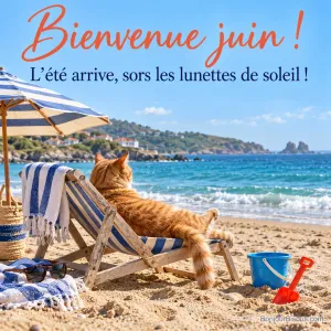 Photo d’un chat roux allongé dans un transat rayé sous un parasol sur une plage de la côte basque, lunettes de soleil, seau et pelle, avec le texte « Bienvenue juin ! L’été arrive, sors les lunettes de soleil ! »