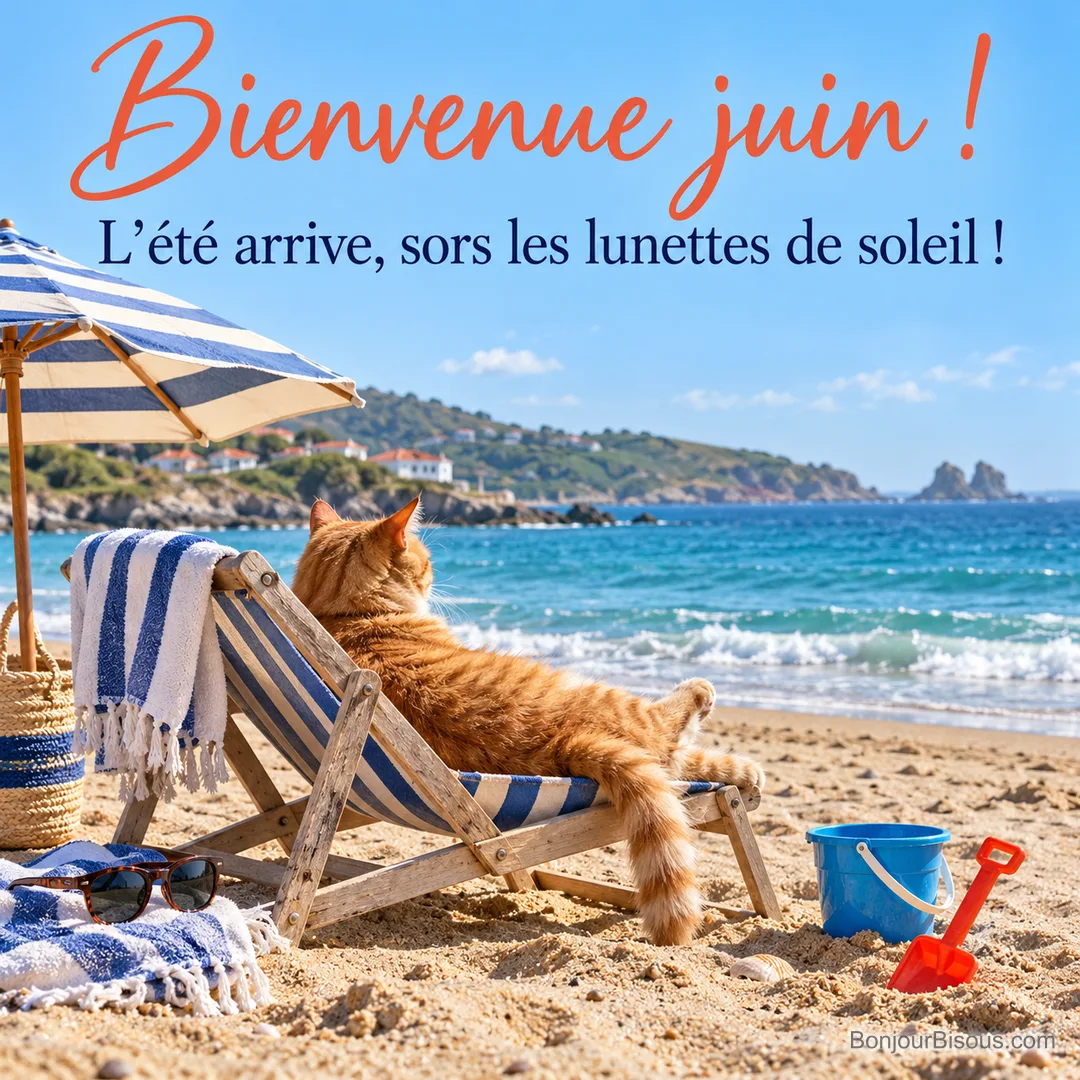 Photo d’un chat roux allongé dans un transat rayé sous un parasol sur une plage de la côte basque, lunettes de soleil, seau et pelle, avec le texte « Bienvenue juin ! L’été arrive, sors les lunettes de soleil ! »