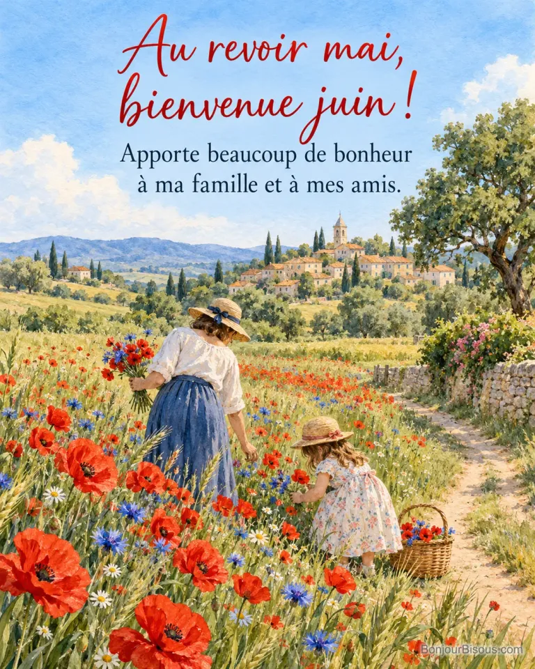 Peinture d’une femme et d’une fillette en chapeaux de paille vues de dos qui cueillent des coquelicots et des bleuets dans un champ, village provençal au loin, avec le texte « Au revoir mai, bienvenue juin ! Apporte beaucoup de bonheur à ma famille et à mes amis. »
