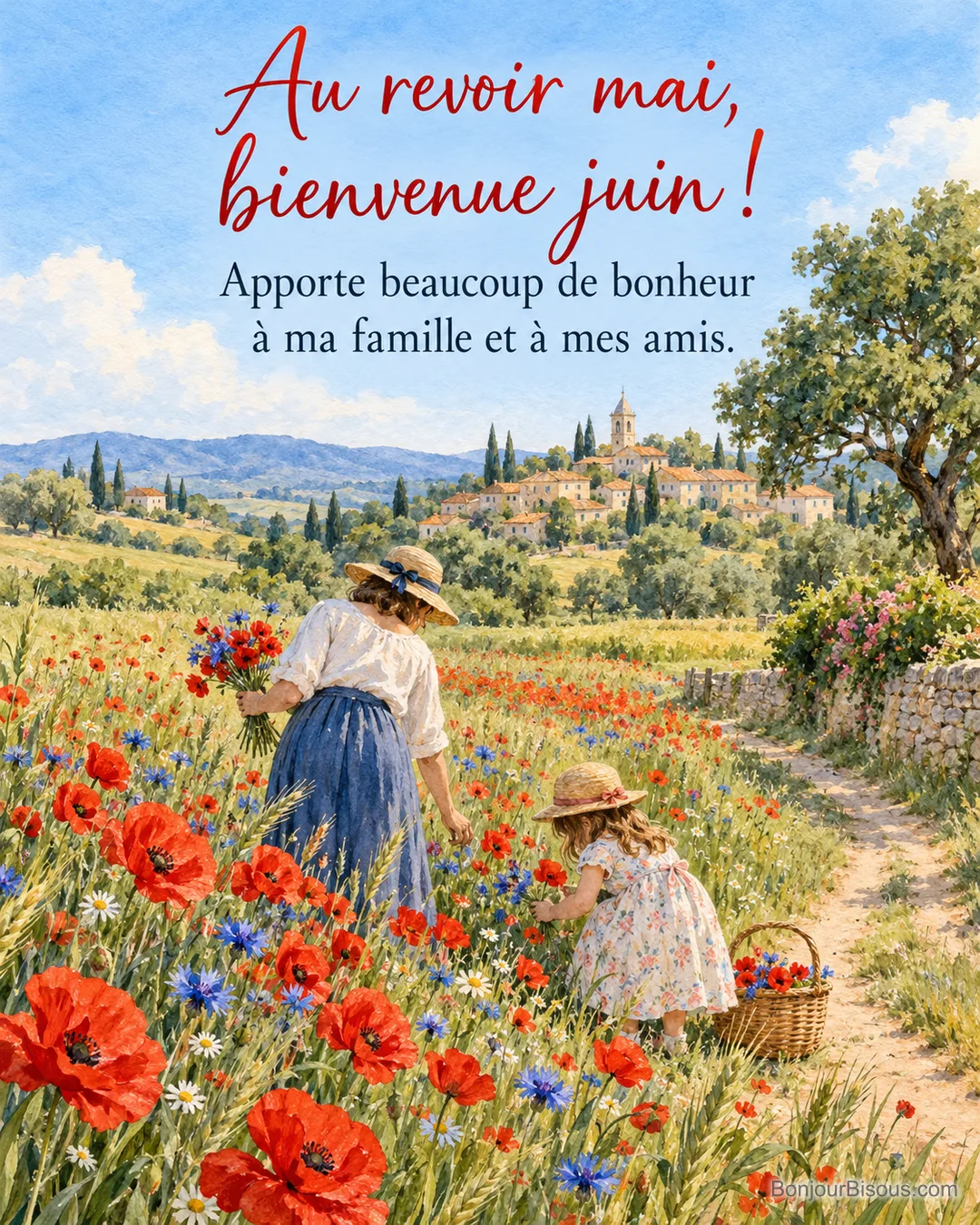 Peinture d’une femme et d’une fillette en chapeaux de paille vues de dos qui cueillent des coquelicots et des bleuets dans un champ, village provençal au loin, avec le texte « Au revoir mai, bienvenue juin ! Apporte beaucoup de bonheur à ma famille et à mes amis. » Peinture d’une femme et d’une fillette en chapeaux de paille vues de dos qui cueillent des coquelicots et des bleuets dans un champ, village provençal au loin, avec le texte « Au revoir mai, bienvenue juin ! Apporte beaucoup de bonheur à ma famille et à mes amis. »