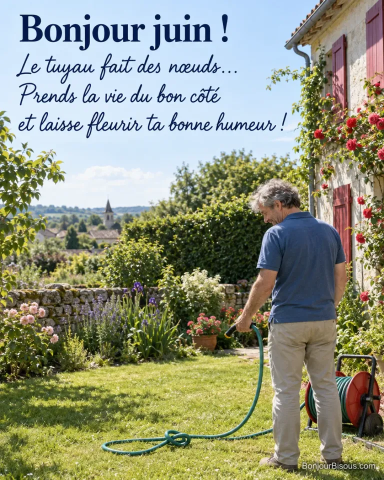 Un jardinier observe un nœud dans le tuyau de son dévidoir rouge au milieu d’un jardin de juin, avec le texte « Bonjour juin ! Le tuyau fait des nœuds… Prends la vie du bon côté et laisse fleurir ta bonne humeur ! ».