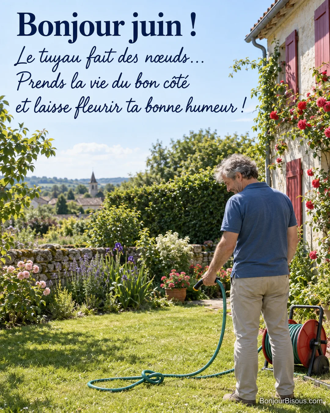 Un jardinier observe un nœud dans le tuyau de son dévidoir rouge au milieu d’un jardin de juin, avec le texte « Bonjour juin ! Le tuyau fait des nœuds… Prends la vie du bon côté et laisse fleurir ta bonne humeur ! ». Un jardinier observe un nœud dans le tuyau de son dévidoir rouge au milieu d’un jardin de juin, avec le texte « Bonjour juin ! Le tuyau fait des nœuds… Prends la vie du bon côté et laisse fleurir ta bonne humeur ! ».