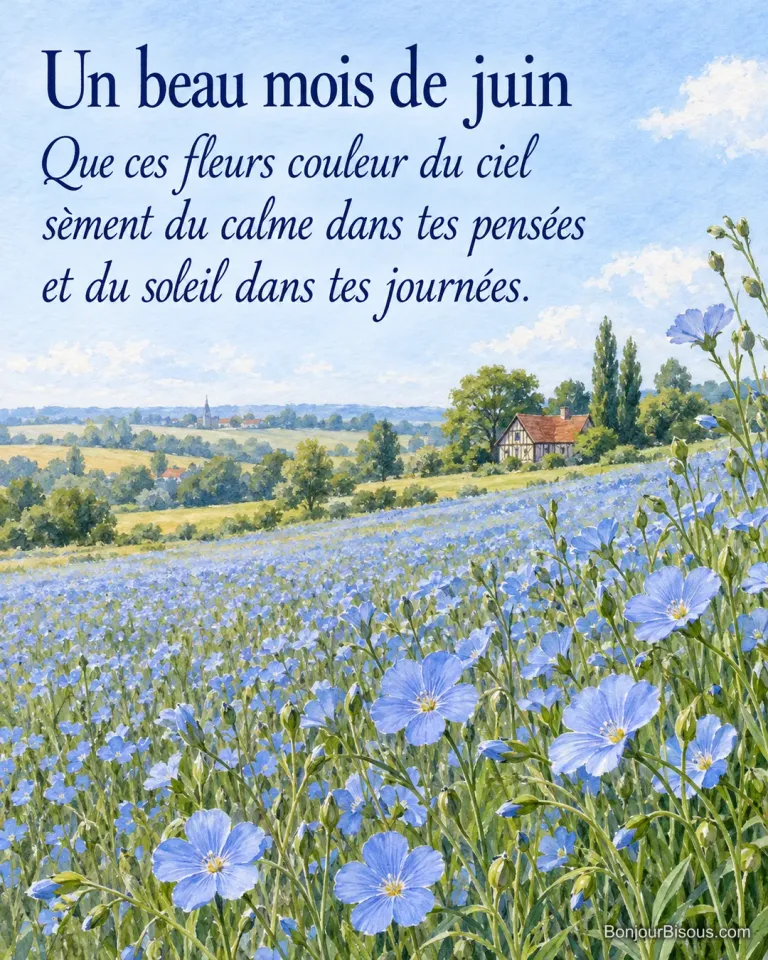 Un champ normand de lin aux fleurs bleues ondule dans la brise devant une petite ferme à colombages, avec le texte « Un beau mois de juin Que ces fleurs couleur du ciel sèment du calme dans tes pensées et du soleil dans tes journées. ».